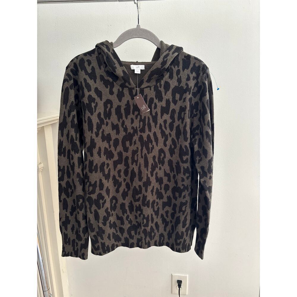 J.Jill Leopard Print Hooded Sweater Women Brown Black Lightweight Knit Pullover - Picture 6 of 12